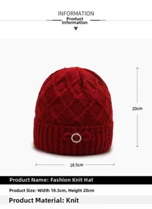 Detail of red knit hat with rhinestone bow showing dimensions 18.5cm by 20cm