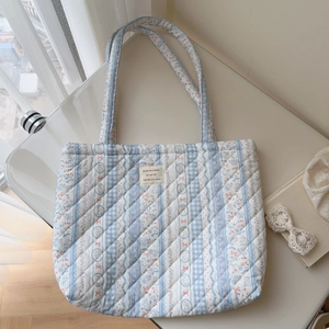 Quilted floral cotton tote bag with cute bunny print and large capacity for women