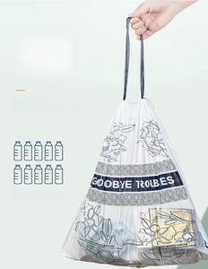 Macro detail of drawstring trash bag showing high capacity and strong load bearing