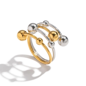 Macro detail of two-tone double layer spiral ring with polished gold and silver spheres