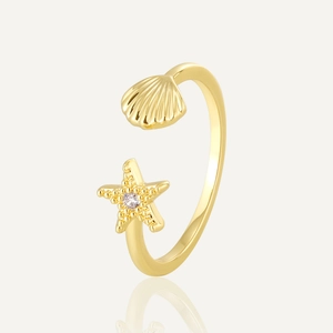 Französischer Vintage Gold Plated Kupfer Seestern Muschel Offener Ring Für Damen Verstellbar Meer Element Zirkonia Schmuck Geschenk