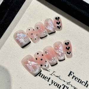 Handmade Press On Nails French Style Black Polka Dot Artificial Pearl Butterfly Heart Cat Eye Effect Elegant Manicure False Nails