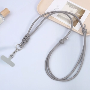 Adjustable grey PU leather phone lanyard with silver metal clasp and crossbody strap