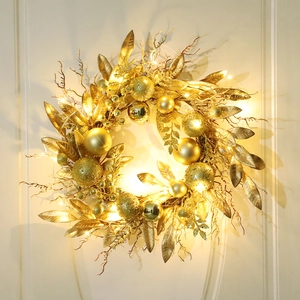 Golden Christmas wreath with LED lights, glitter baubles and metallic leaves for front door