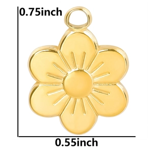 Detailed dimensions of 18k gold plated flower pendant 0.75 by 0.55 inch with sizing markers