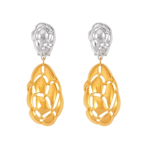 Modern irregular hollow oval earrings in dual-tone gold and silver finish on white background