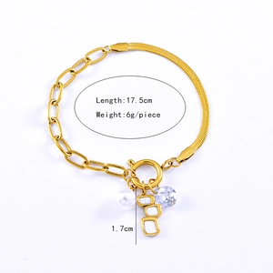 Detail showing 17.5cm gold chain bracelet with pearl, zircon and geometric charms