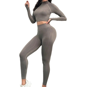 Seamless cable knit yoga set with long sleeve crop top and high waist leggings in taupe
