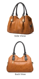 Detailed side and back views of brown vintage tote bag showing texture and rear pocket