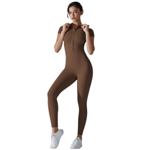 Deep brown high-elastic yoga jumpsuit with half-zipper and short sleeves for fitness