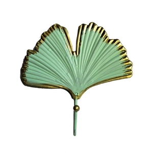 Ginkgo leaf metal wall hook in green and gold finish for home decor hanging