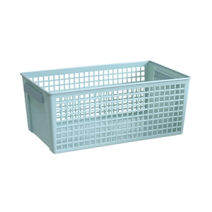 Light blue rectangular plastic storage basket with hollow mesh design and side handles