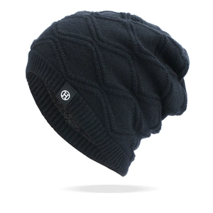 Close-up of black knit beanie showing diamond texture and white H logo on label