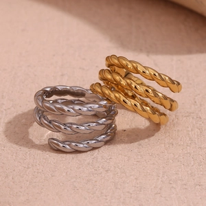 Women Minimalist Stainless Steel Triple Layer Twisted Rope Spiral Open Ring 18K Gold Plated Niche Fashion Hand Jewelry