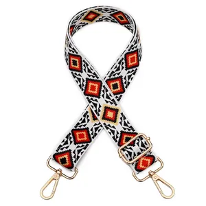 Macro detail of geometric patterned wide woven strap with gold metal lobster clasps