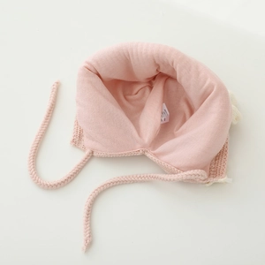 Pink winter knit hat for baby girls with earflaps, lace floral detail and warm lining