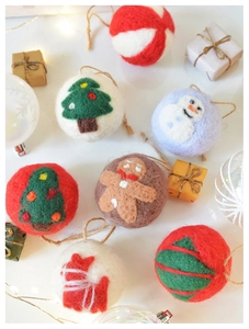 Detail of wool felt Christmas ornaments featuring gingerbread man and snowman patterns