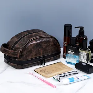 Borsa da toeletta vintage in pelle PU marrone con doppia cerniera e grande capacità