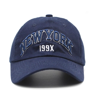Navy blue cotton baseball cap featuring high-density New York 3D embroidery detail