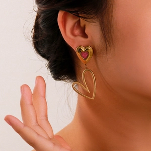 Elegant 18k gold plated stainless steel heart drop earrings with pink center stones