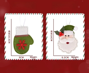 Detail showing felt Christmas tree ornaments with Santa and snowflake glove designs