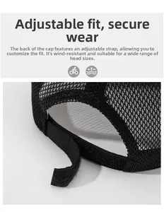 Detail view of the breathable black mesh cap showing adjustable velcro strap for custom fit