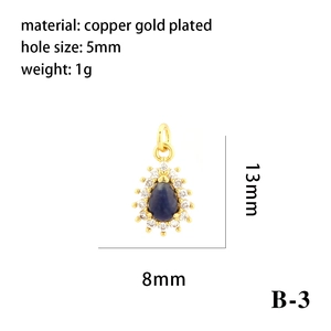 Technical drawing of a 13x8mm 18K gold plated teardrop pendant with blue stone and dimensions