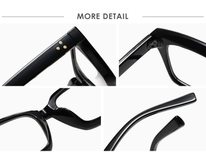 Macro detail of square black frame glasses showing durable metal hinges and nose pads