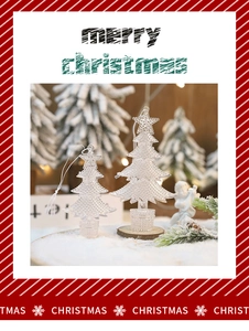 Macro detail of transparent textured acrylic Christmas tree ornaments on a snowy background.