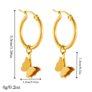 Golden butterfly pendant hoop earrings in stainless steel with detailed size measurements
