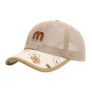 Beige mesh kids baseball cap with Monday bear print and breathable sun protection