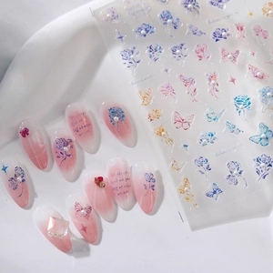 Romantic rose and butterfly nail art stickers with pearls and metallic gradient details