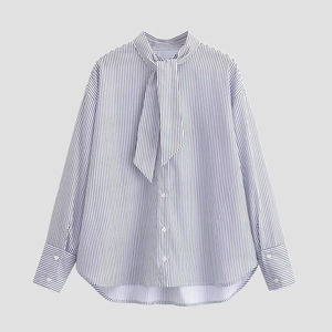 Blue and white striped poplin shirt with a pussy-bow neck and long sleeves
