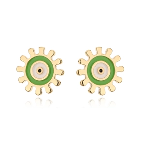 18K gold plated evil eye stud earrings with green enamel and sunburst geometric design