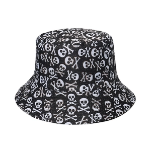 Hip hop black bucket hat featuring white skull and crossbones pattern for men and women