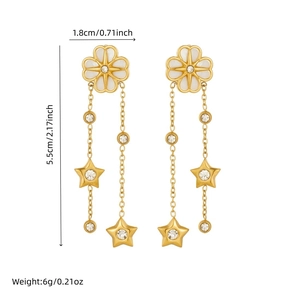 Gold-plated stainless steel star flower tassel drop earrings with crystals