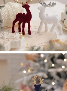 Detailed view of flocked velvet reindeer ornaments with glitter antlers and hanging loop