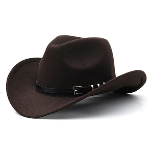 Close-up of dark brown western cowboy hat featuring a black leather band and metal buckle