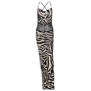 Robe longue dos nu pour femme à imprimé zèbre avec taille en dentelle noire et bretelles