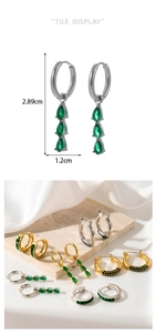 Detail of drop earrings with green stones showing size dimensions of 2.89cm and 1.2cm