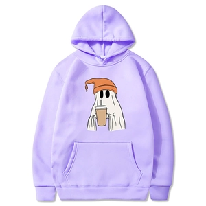 Felpa con cappuccio Halloween lavanda unisex con stampa fantasma carino e caffè