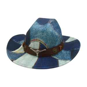 Western Cowboy Hat Patchwork Denim Print Cotton Polyester Leather Band Metal Bull Head Buckle Wide Brim Vintage Style