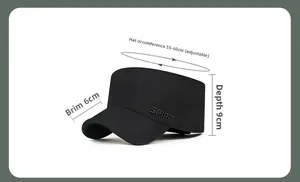 Detail view of adjustable black cadet hat with SPIRIT embroidery and sizing dimensions