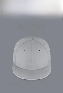 Detail of laser-cut ventilation holes on a breathable flat brim stretch-fit hip hop cap