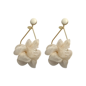 Elegant 925 silver needle beige fabric flower long dangle earrings with gold metal accents