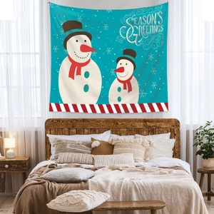 Cozy bedroom setting with Christmas snowman wall tapestry and Season's Greetings text