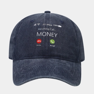 Washed navy denim baseball cap featuring creative MONEY incoming call screen print pattern