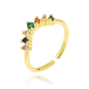 Luxurious 18K gold plated copper crown ring with colorful cubic zirconia stones