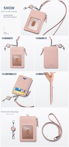 Pink lychee grain leather ID holder with retractable lanyard and zipper pocket