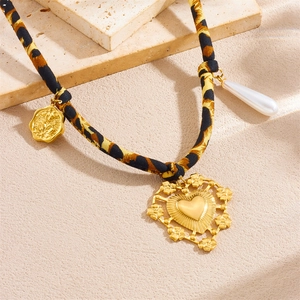 Pendant Necklace Vintage Leopard Print Fabric Rope Stainless Steel Heart Sun Moon Bohemian Style Jewelry For Women